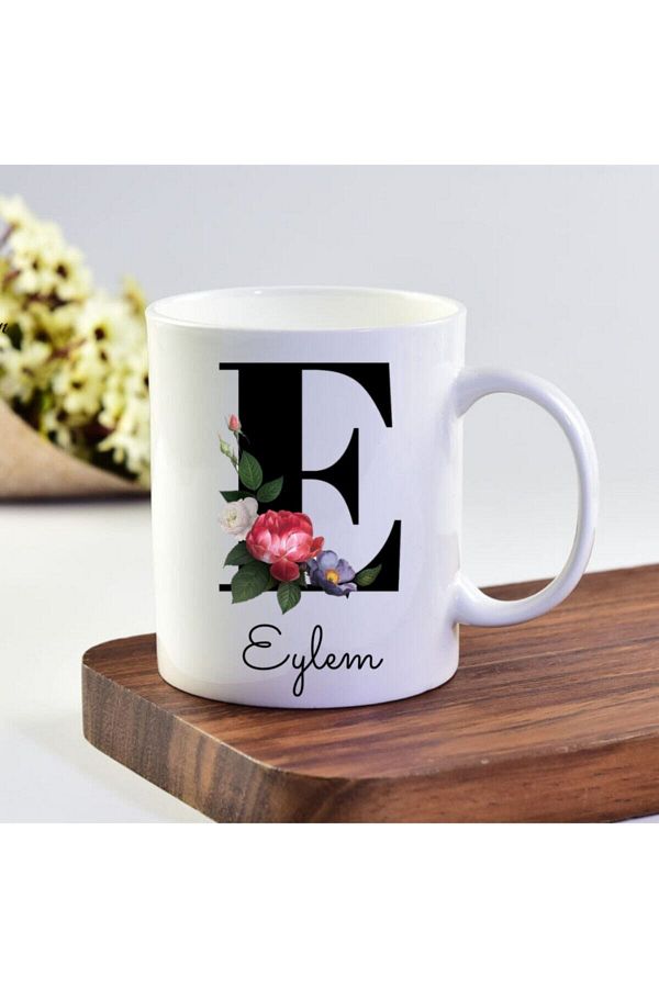 hediyetrendim-Erkal Named E Initial White Printed Mug 1