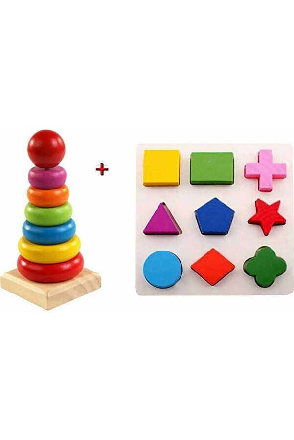 HAMAHA Hyd Oyuncak Ahşap Eğitici Zeka Blok Geometri Şekil Bul Tak+kule 2'li Set