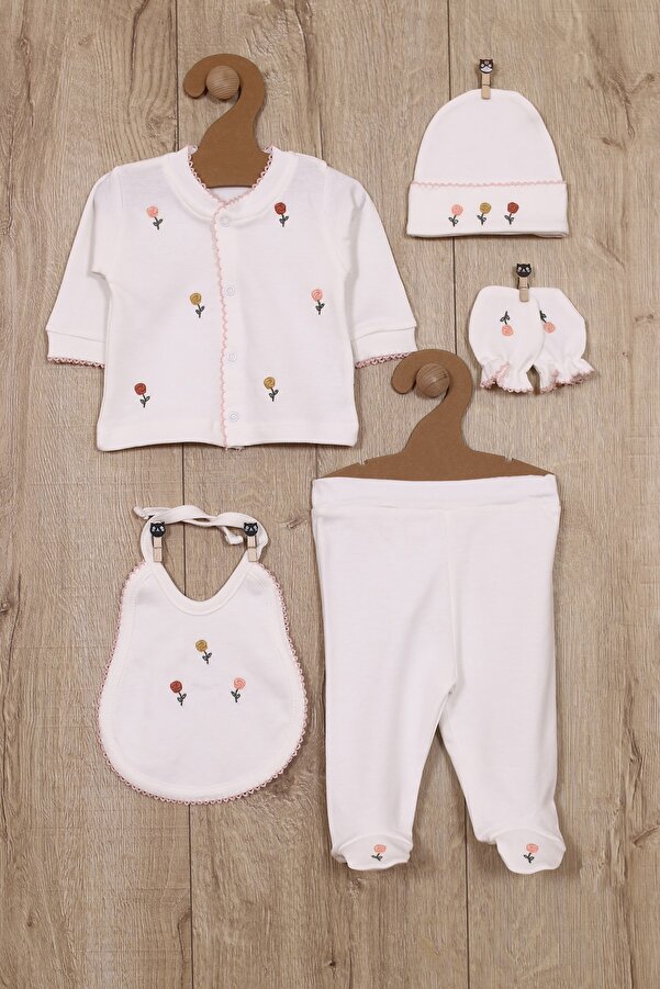 Bebbemini Kız Bebek Hastane Çıkışı Yeni Doğan Lüks Gül Işlemeli % 100 Pamuk Zıbın Seti 5 Parça Bebek Hediyesi