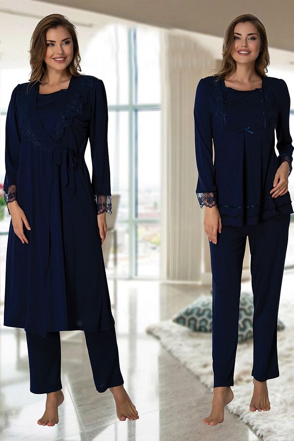 lohusahamile-Women's Navy Blue Easy Breastfeeding Feature Maternity Pajamas Set with Dressing Gown 2018 1