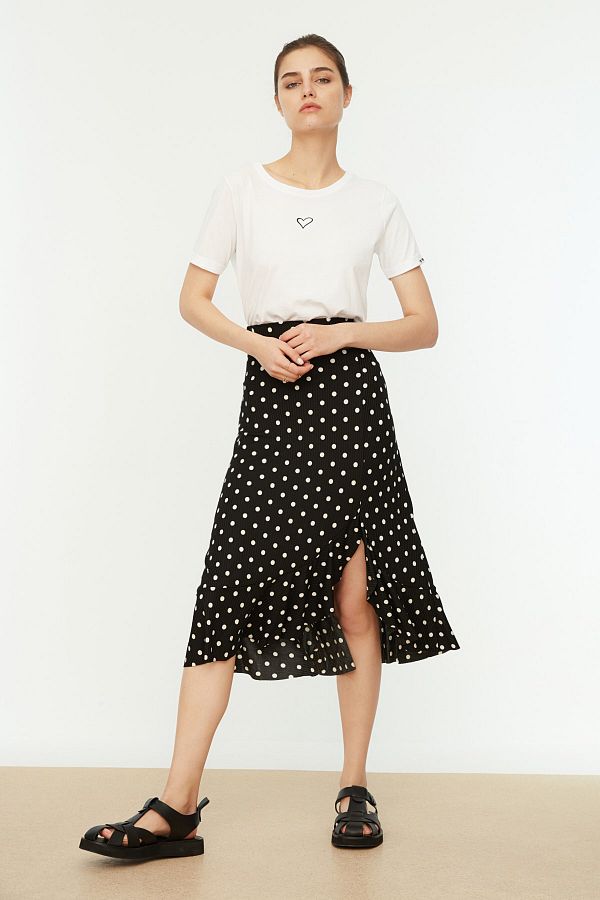 Trendyol Collection-Black Polka Dot Patterned High Waist Midi Stretch Knitted Skirt with Gather Detail and Flounce TWOSS21ET0029 1
