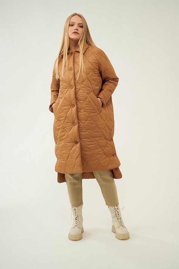 Mevra-- Long Button Puffer Jacket Camel 1