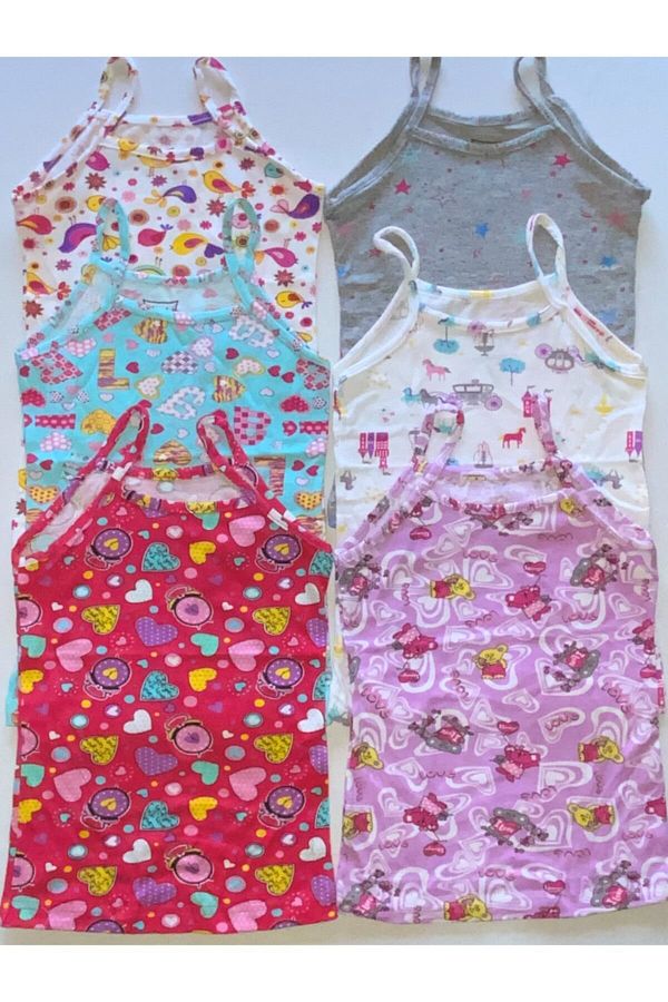 Tutku-Girl's Elastane Printed String Strapped Colorful Undershirt (6 Pieces) 1