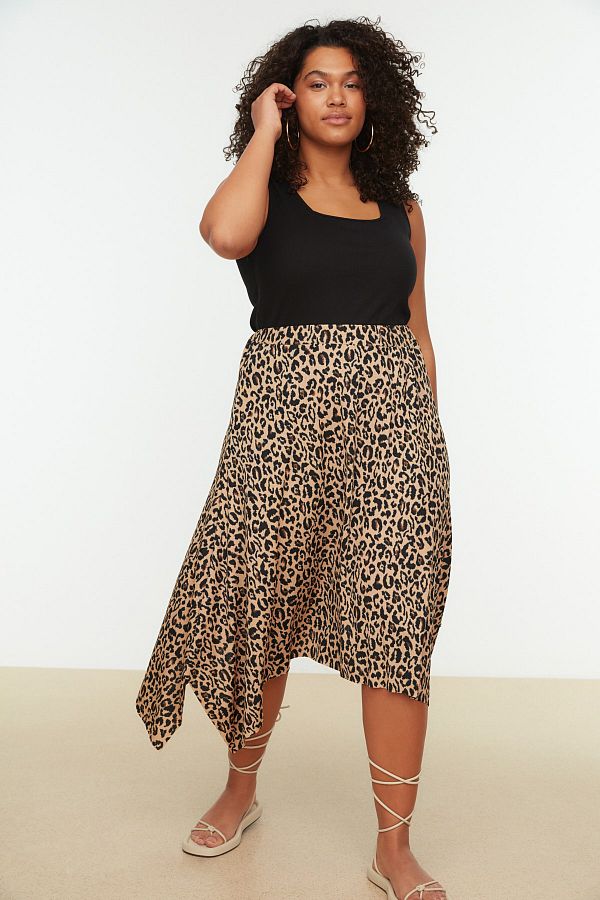 Trendyol Curve-Brown Leopard Print Asymmetrical Knitted Large Size Skirt Tbbss22Et0253 1
