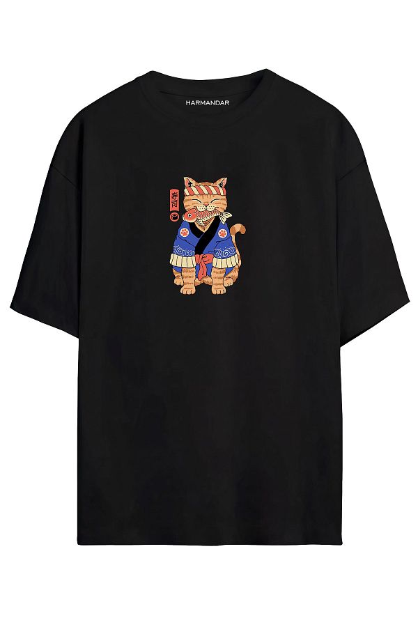 Harmandar-? Tricou oversize negru unisex cu imprimeu Anime Cat 1