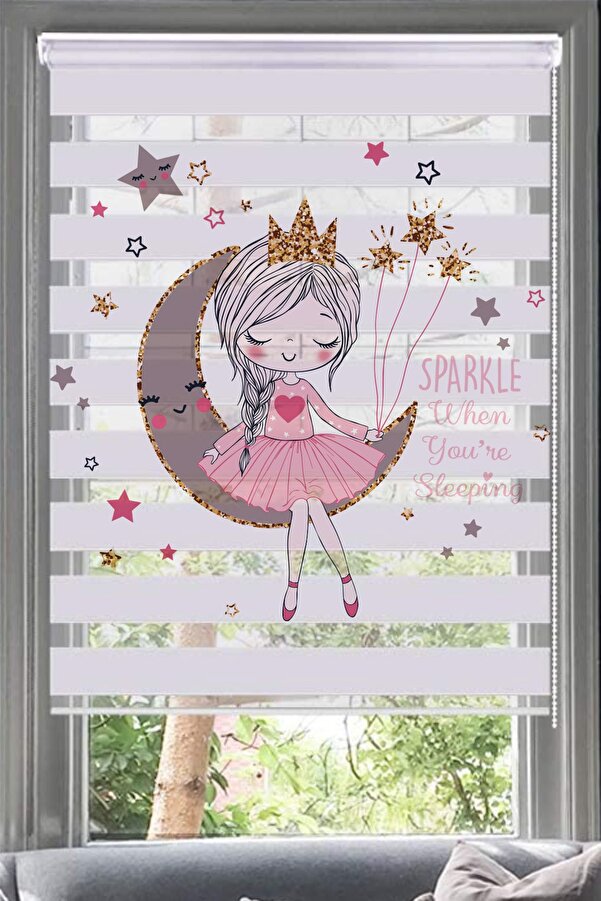 Lotus Ayda Oturan Peri Kızı Desenli Zebra Perde-çocuk Odası-bebek Odası-aykız