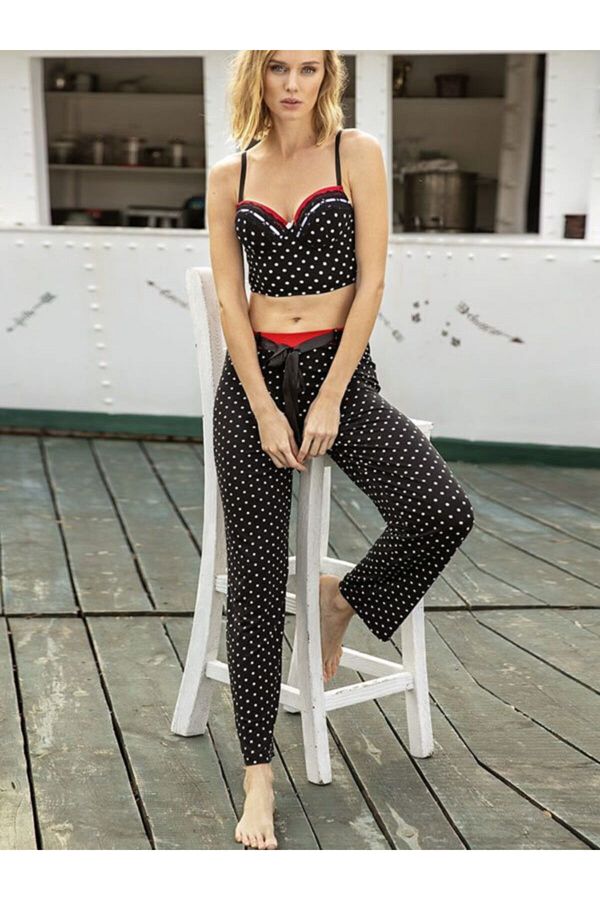 An l Women s Black Polka Dot Bustier Pajama Set Trendyol