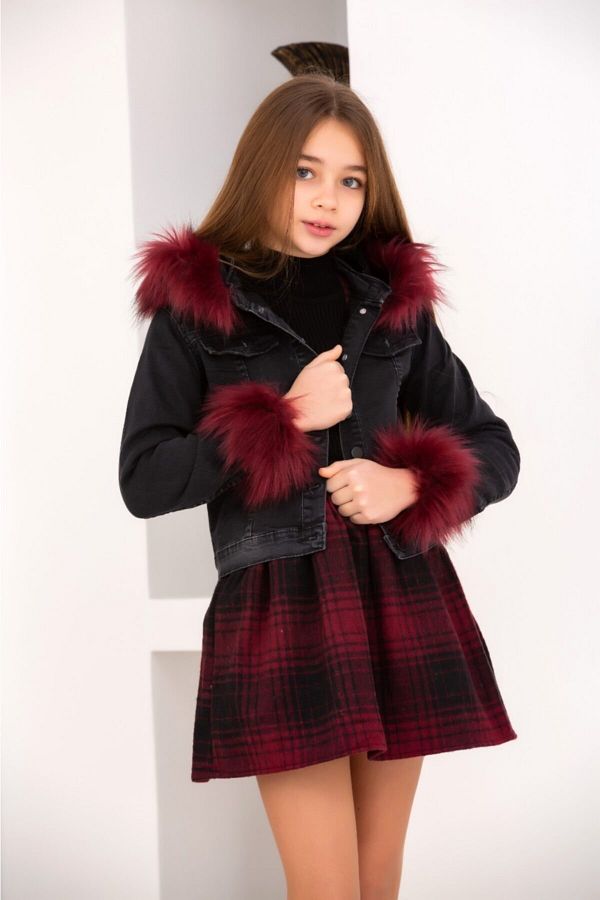 Hilal Ak nc Kids Girl s Furry Hooded Denim Jacket Black Knitwear Badi Lumberjack Fabric Red Salopet Skirt 3 Piece Set Trendyol