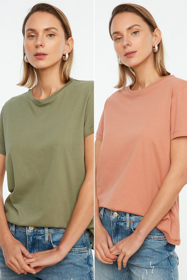 Trendyol Collection-Khaki-Lachs Single Jersey Rundhalsausschnitt 2er-Pack gestrickte T-Shirts – 100 % Baumwolle TWOSS20TS0141 1