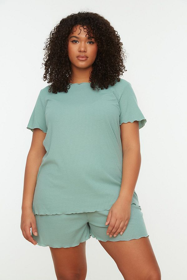 Trendyol Curve-Mintfarbenes, geripptes Strick-Pyjama-Set TBBSS22PT0216 1