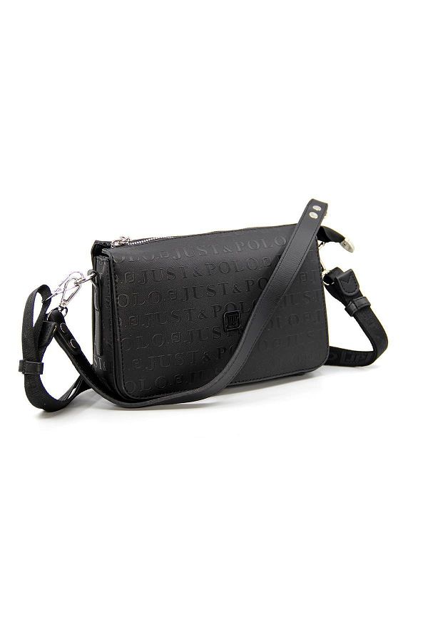 Just Polo Women s Embossed Printed 5 Compartment Zipper Closure Shoulder Bag 4036 00 Black Trendyol