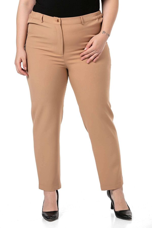 DISENTIS MODEST-Plus Size Beige Trousers with Elastic Waist and Side Zipper and Slits on the Leg 1