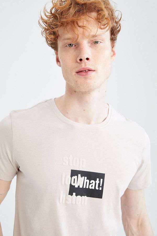 DeFacto-Μπλουζάκι Slim Fit Crew Neck με στάμπα 100% βαμβάκι 1