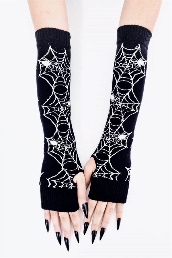 İYİ MODA-Plain Black Cut-Finger Spider Web Design Sleeve 1