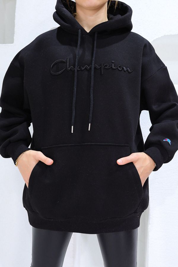 Oversized black champion hoodie deals