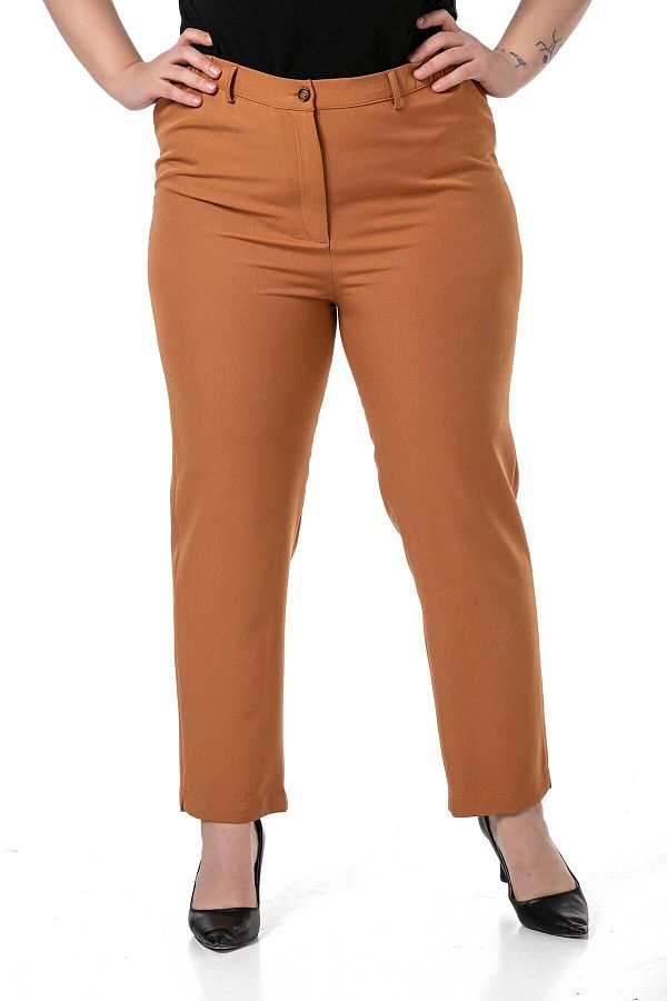 DISENTIS MODEST-Plus Size Brown Trousers with Elastic Waist and Side Zipper and Slits on the Leg 1