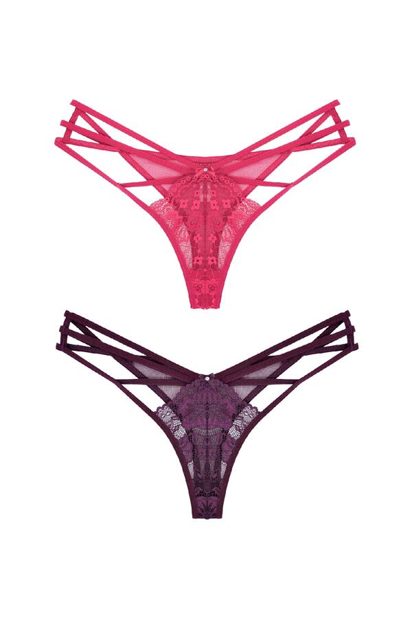 Zena-2-Piece Fancy Women's Thong Panties with Lace Front and Tulle Rope Detail on the Back 1