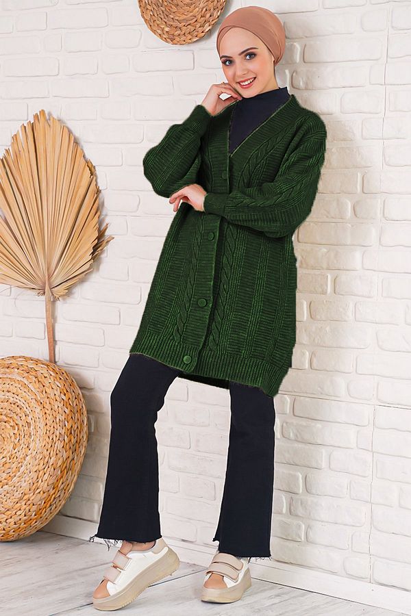 Bigdart-15768 Knitted Pattern Buttoned Knitted Cardigan - Emerald Green 1