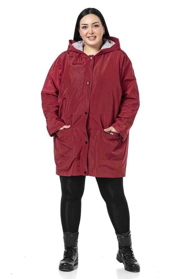 DISENTIS MODEST-Claret Red Trench Coat - Large Size with Bat Sleeves, Hood and Snaps 1