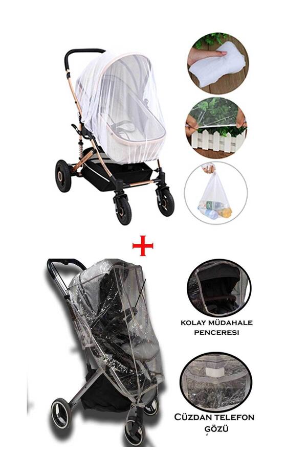 RevuBaby Büyük Boy Fermuarlı Ve Çepli Bebek Arabası Yağmurluğu Ve Sinekli 2 Li Set Puset Yağmurluğu