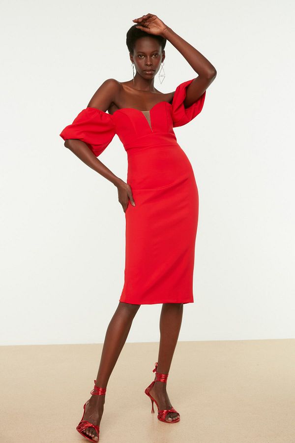 Trendyol Collection Red Puff Sleeve Elegant Evening Dress TPRSS20EL1436 Trendyol