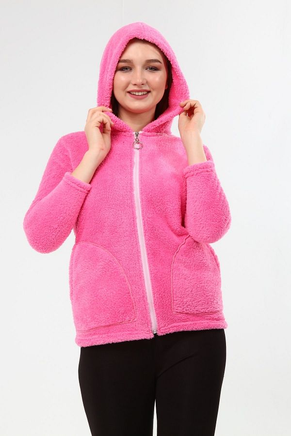 NURSEY Plush Hooded Pink Coat Trendyol
