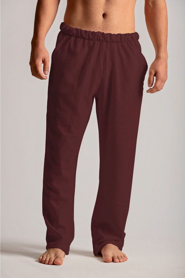 Botex-100% Cotton Linen Men's Pajama Bottoms - Claret Red 1