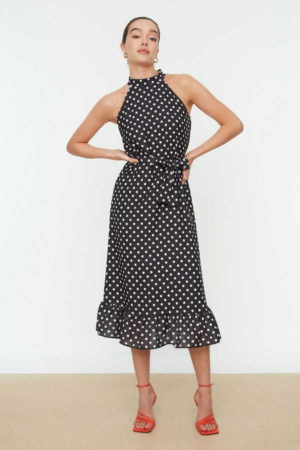 Trendyol Collection-Μαύρο φόρεμα με ζώνη πουά σε γραμμή Α με επένδυση Midi TWOSS19YD0032 1