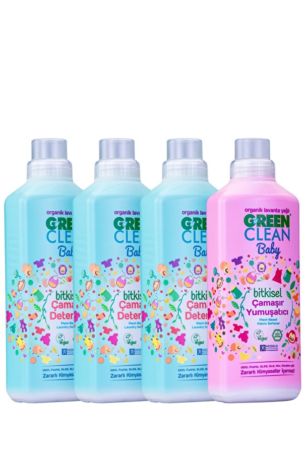 Green Clean Baby Çamaşır Deterjanı 1 lt. + Çamaşır Deterjanı 1 lt Yumuşatıcı 1 lt. Yumuaşatıcı