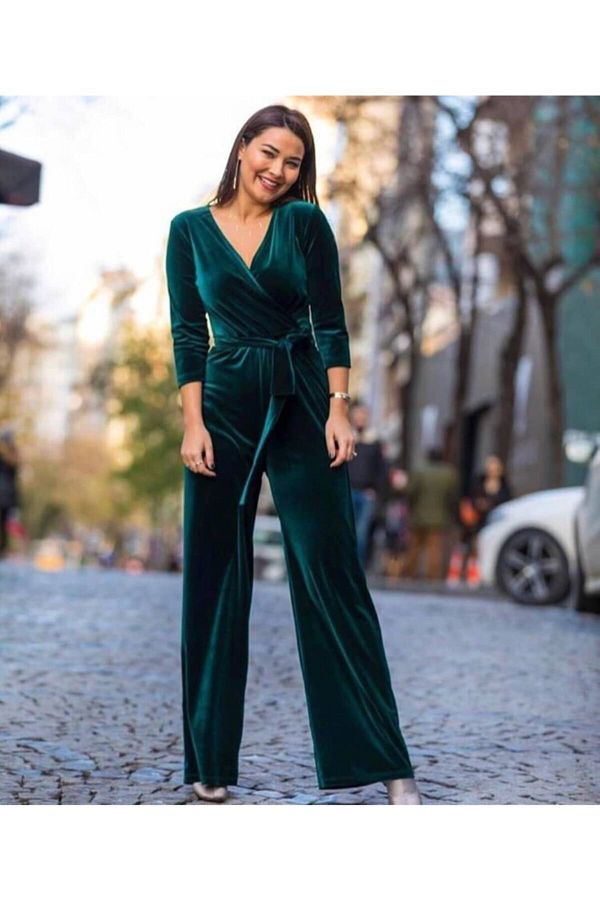 Styling Park Women s Green Velvet Long Sleeve Jumpsuit Trendyol