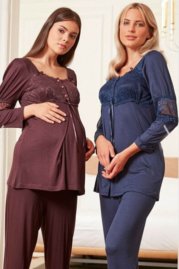 Bone Club Bone Pajamas Women s Plum Maternity Lace 3 Piece Pajama Set 4805 Trendyol