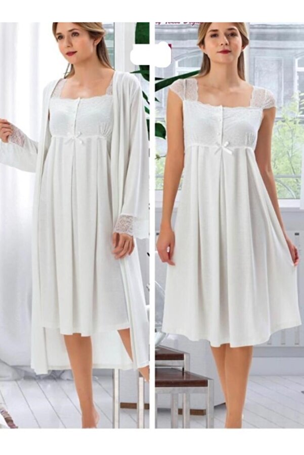 Duchesse 2200 Ekru Renk Hamile Lohusa Gecelik Sabahlık Takım