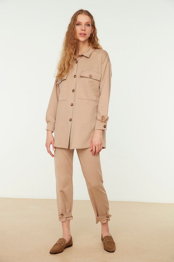 Trendyol Modest-Beige Button Detailed Shirt-Pants Knitted Set TCTSS22US0116 1