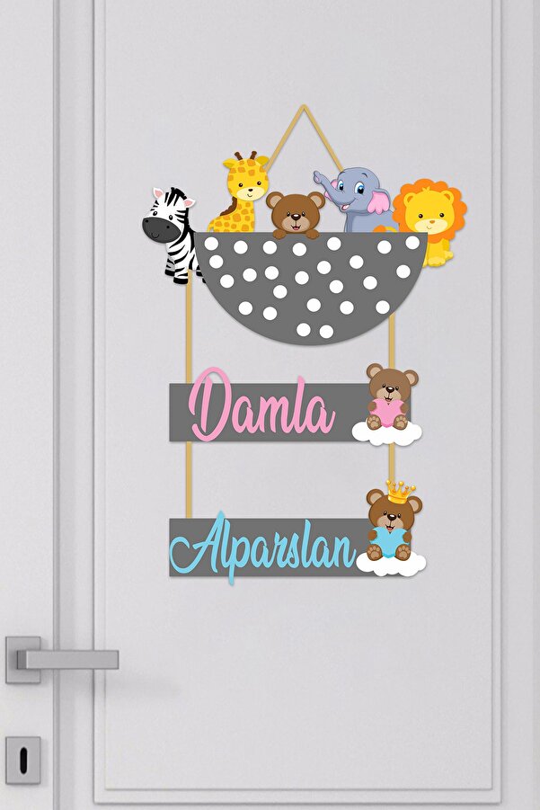 Kapbirhediye Hayvan Figürlü Bebek Odası Ipli Ahşap Kapı Süsü