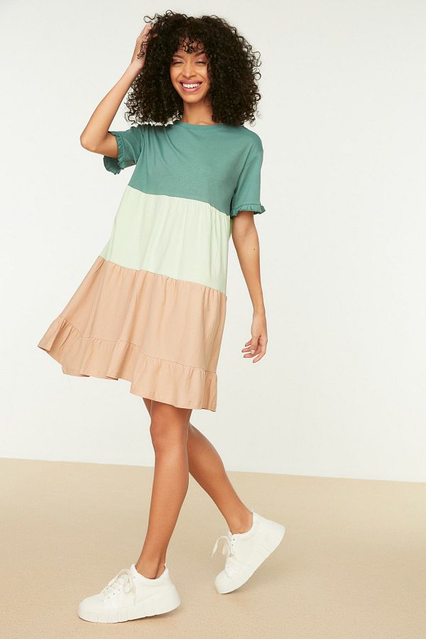 Trendyol Collection-Rochie tricotată mini, verde, 100% bumbac, blocată de culoare/uniformă TWOSS20EL1638 1
