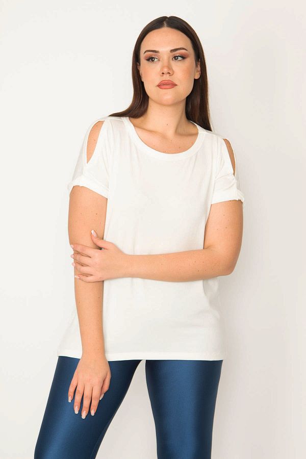 Şans-Women's Large Size Bone Shoulder Low-cut Double Sleeve Blouse 65n31192 1