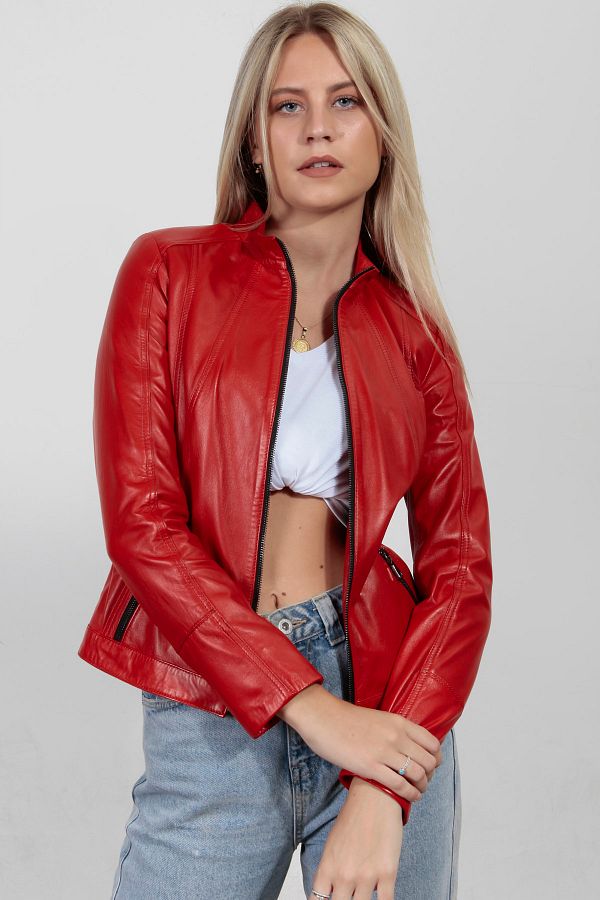 LEONARDO Women s Red Sports Genuine Leather Jacket Coat Trendyol