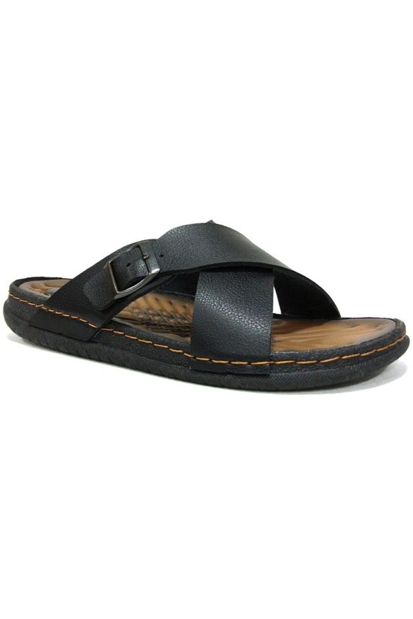 GEZER-Men's Black Buckle Anatomical Slippers Oztshoes 11653 1