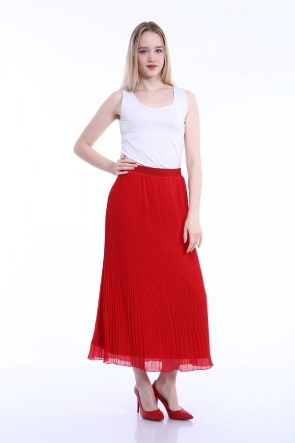 Red long pleated chiffon skirt on sale