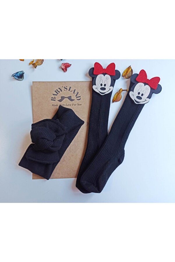 Babyland Kız Bebek/çorap Siyah Ribana Bandana Ve Kırmızı Mickeyli Siyah Çorap Seti Miki Fare