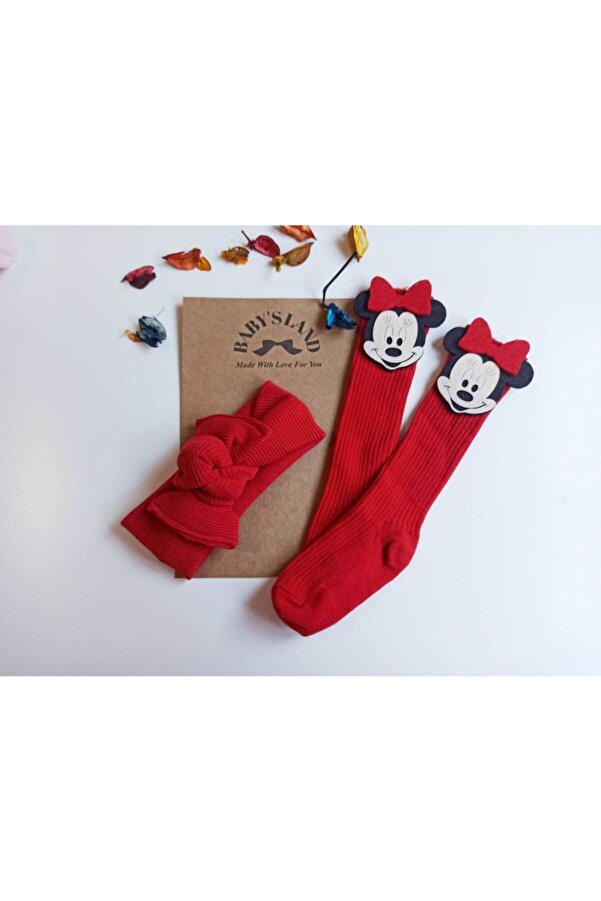 Babyland Kız Bebek/çorap Kırmızı Ribana Bandana Ve Kırmızı Mickeyli Çorap Seti Miki Fare