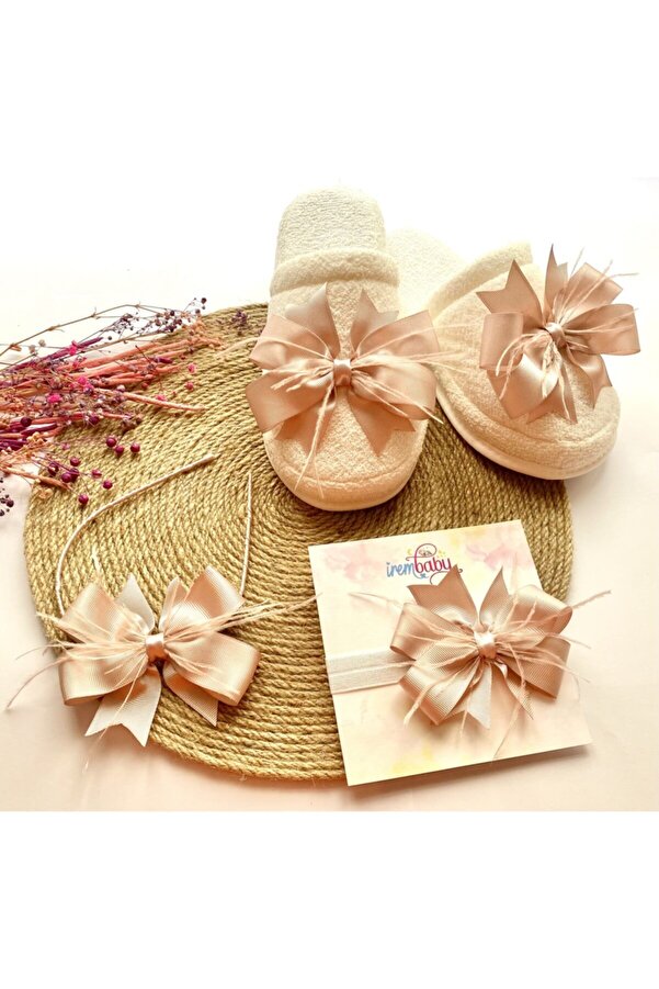 irembaby Anne Bebek Lohusa Seti Pudra Pembe Tüylü Fiyonk Lohusa Tacı Terlik Ve Bebek Saç Bandı Lohusa Takımı