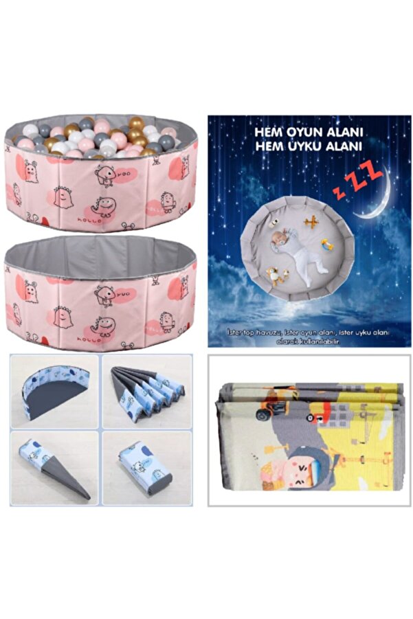 baby marine Katlanır Aktivite Ve Top Havuzu - 150 Top Hediye/5 Renk - Desenli Pembe