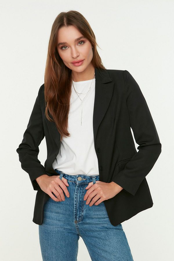 Trendyol Collection-Μαύρο κανονικό υφαντό σακάκι με κουμπιά TWOAW22CE0168 1