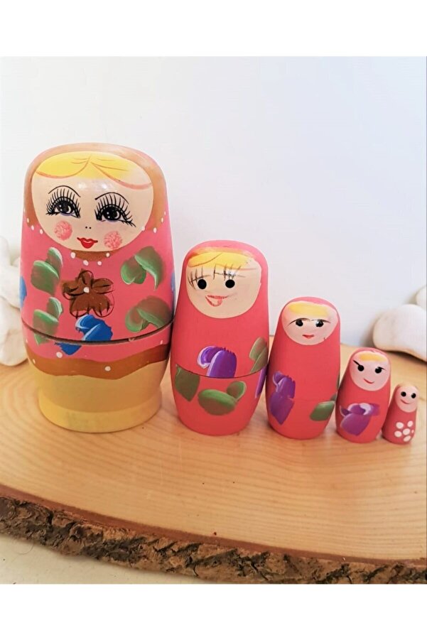 miski alem Iç Içe Geçen Ahşap Pembe Matruşka Bebek 5li