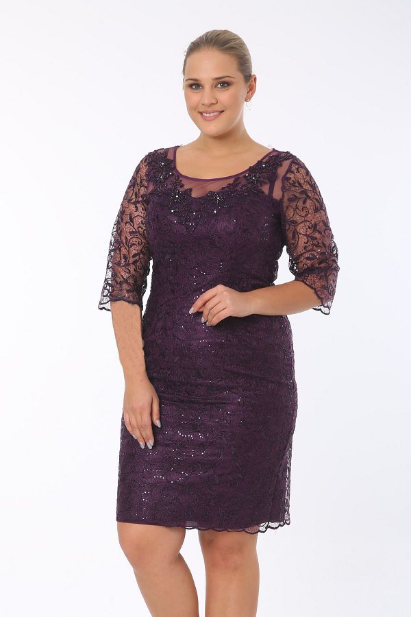 Ladies First Plus Size 3676 Eggplant Intermediate Length Evening Dress Trendyol