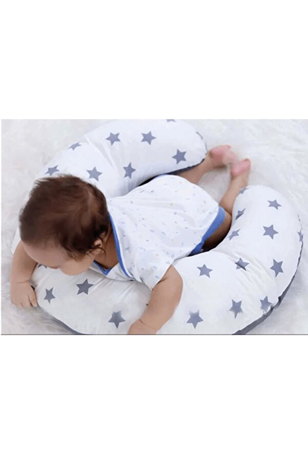 Babynest Emzirme Yastığı ve Destek Minderi Gri Yıldız ve  Düz Gri