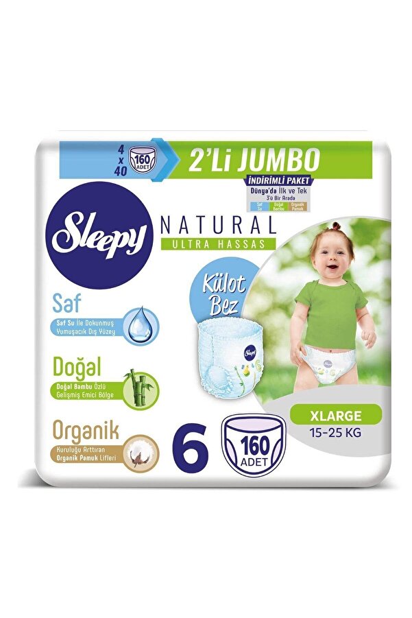 Sleepy Natural Külot Bez 6 Beden Xlarge 4x2'li Jumbo 160 Adet