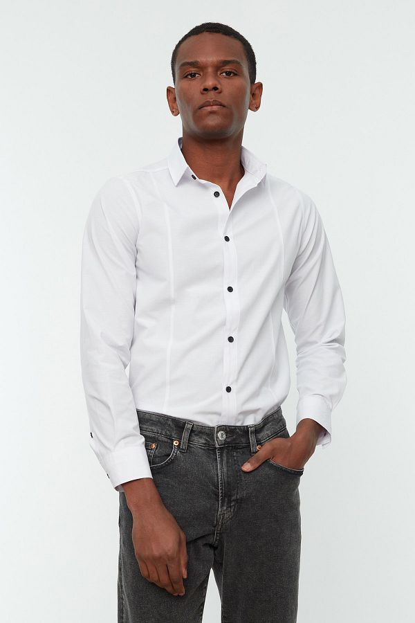 Trendyol Collection-White Men's Super Slim Shirt Collar Basic Shirt with Handles TMNSS22GO0034 1