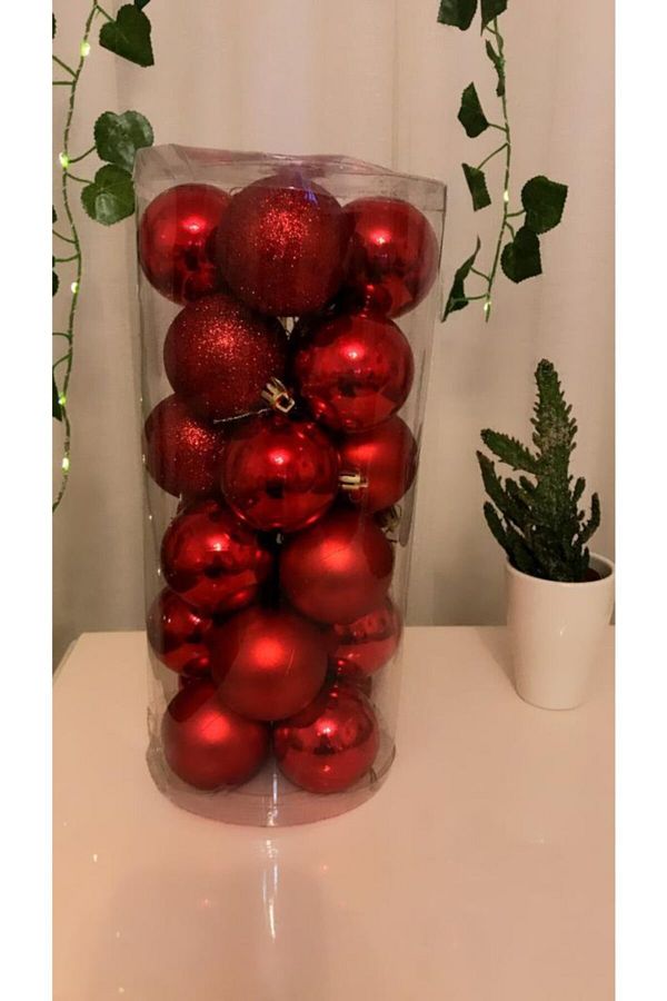 Happy Peyzaj-Red Large Patterned Pine Tree Ornament - 6 cm Set of 24 1
